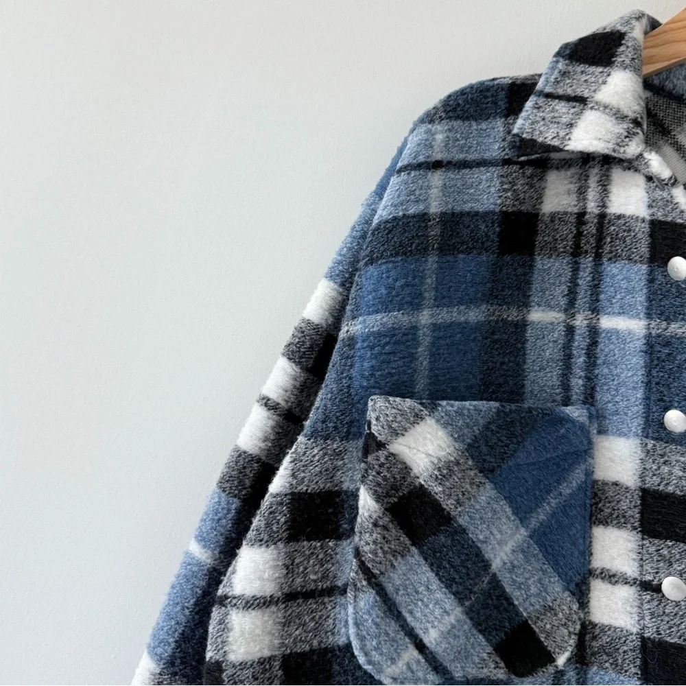 ZARA Blue Plaid Wool Blend Shacket Oversized Snap Button Jacket S - Picture 4 of 16